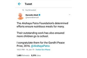 Akshaya Patra Bags Gandhi Peace Prize, 2016